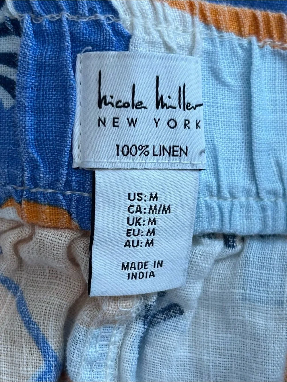 Nicole Miller 100% Linen Wide Leg Tropical Floral Summer Pant SZ M Blue Orange